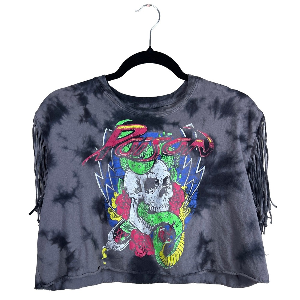 Poison Band Tee Gray Tie Dye Fringe Crop Top Skull Graphic Shirt Womens Small